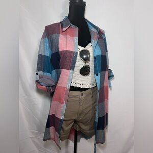 Versatile Plaid Long Shirt Dress / Tunic - Size XL